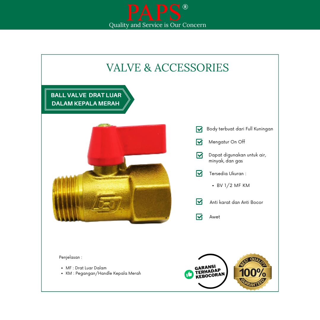 Ball Valve Kuningan Drat Luar Dalam Kepala Merah PAPS